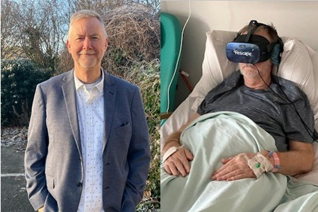 Composite image showing Kieran wearing a jacket and shirt, and in hospital wearing the VR headset