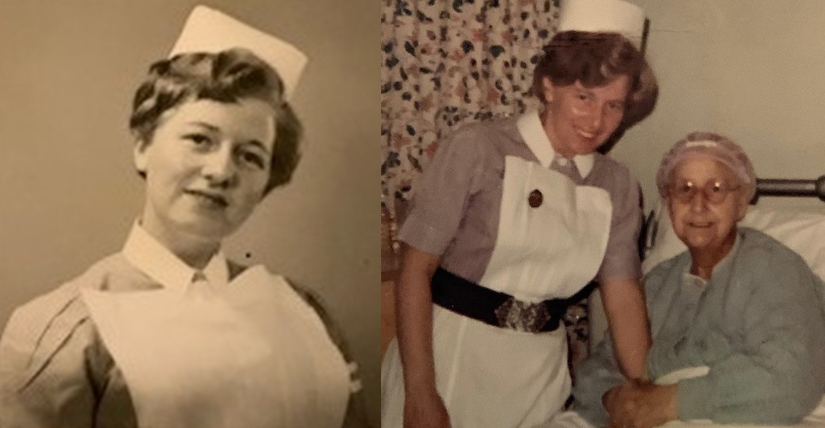 Two old photos of Peggy Pryer - one as a student nurse in the 1950s and one on a ward with a patient in the 1960s