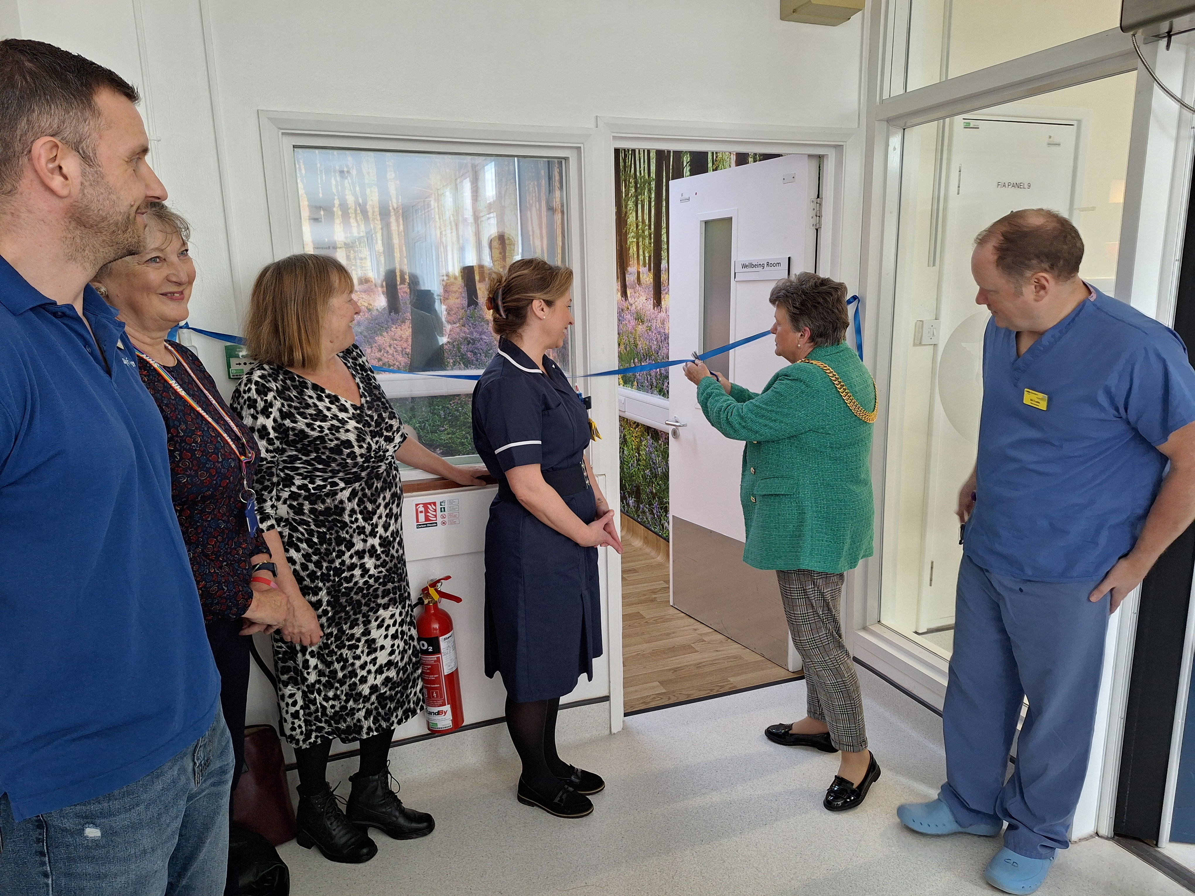 The Lord Mayor cuts the ribbon to open the wellbeing room, watched by staff and League of Friends representatives